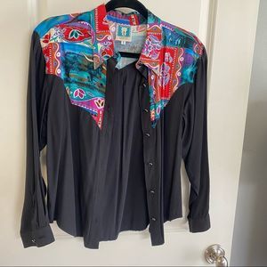 Vintage Multi Color Western Inspired Cowboy Button Down w/ Metal Collar Tips